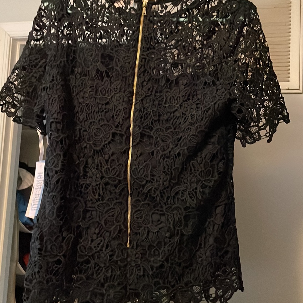 Anthropologie Nanette Lepore Embroidered Crochet Laced Dark Navy Shirt - Picture 4 of 8